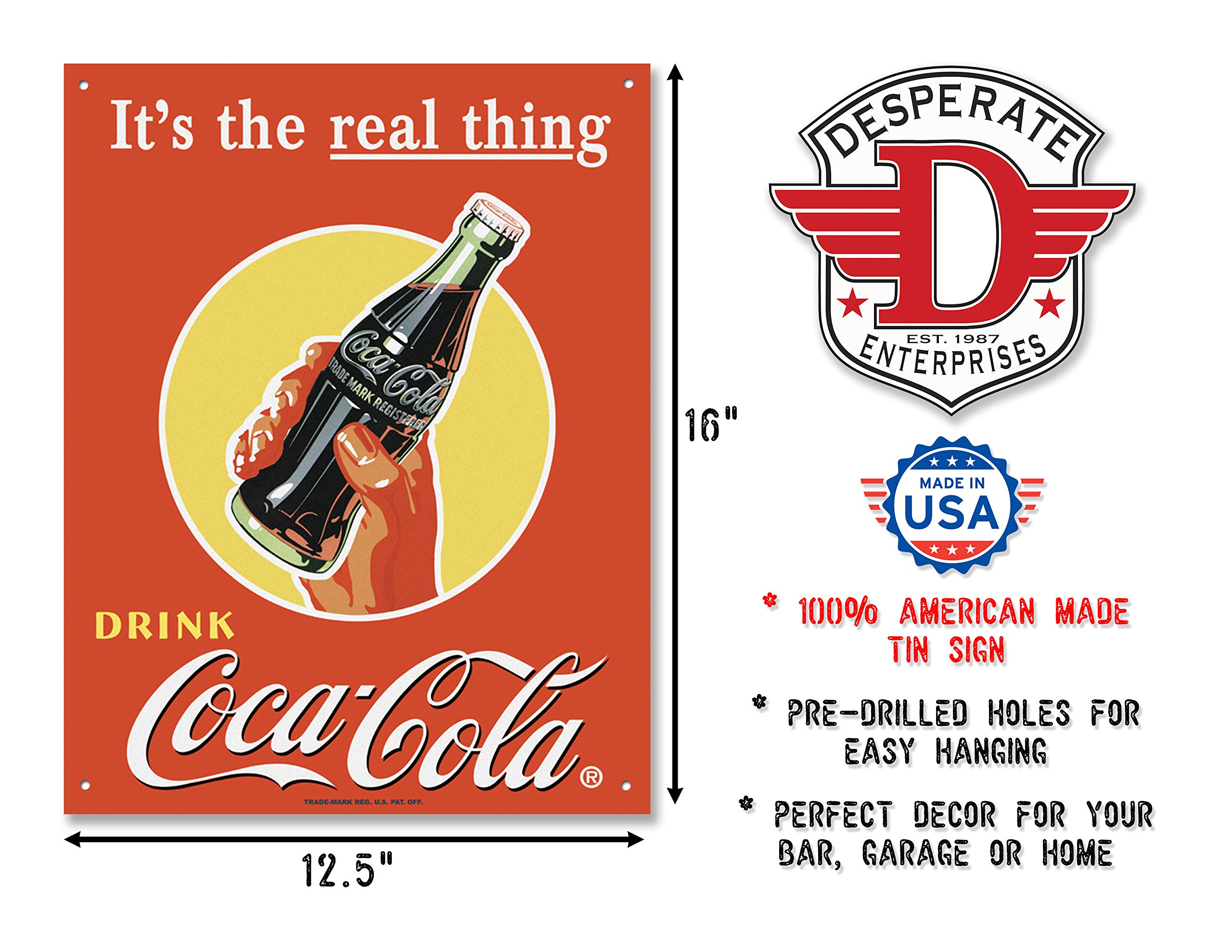 Desperate Enterprises It's The Real Thing Coca-Cola Tin Sign, 12.5